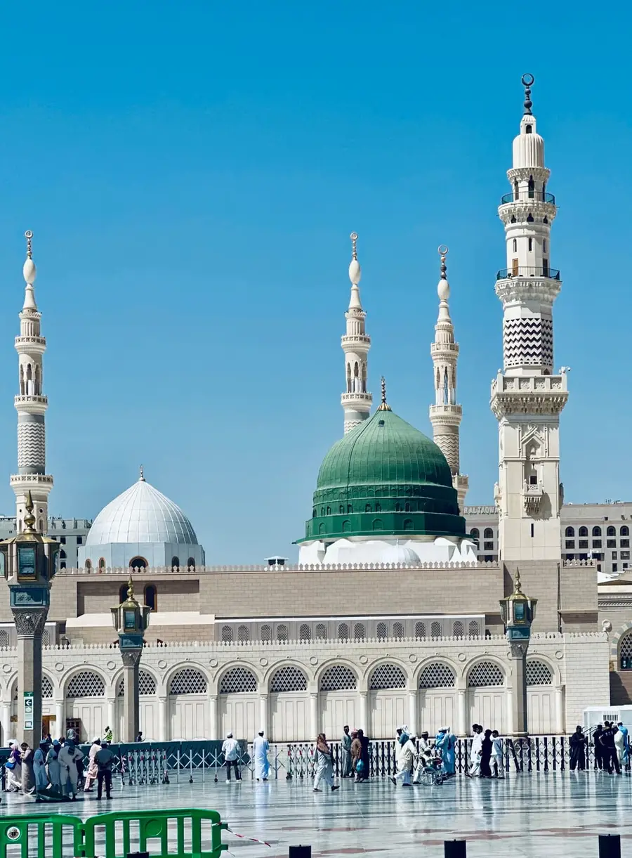 The Green Dome and minarets of Al-Masjid an-Nabawi, the Prophet's Mosque, in Madina