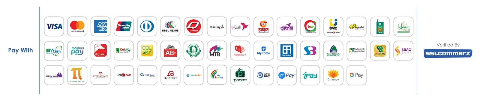Pay with Visa, Mastercard, bKash, Nagad, Rocket and more — verified by SSLCommerz